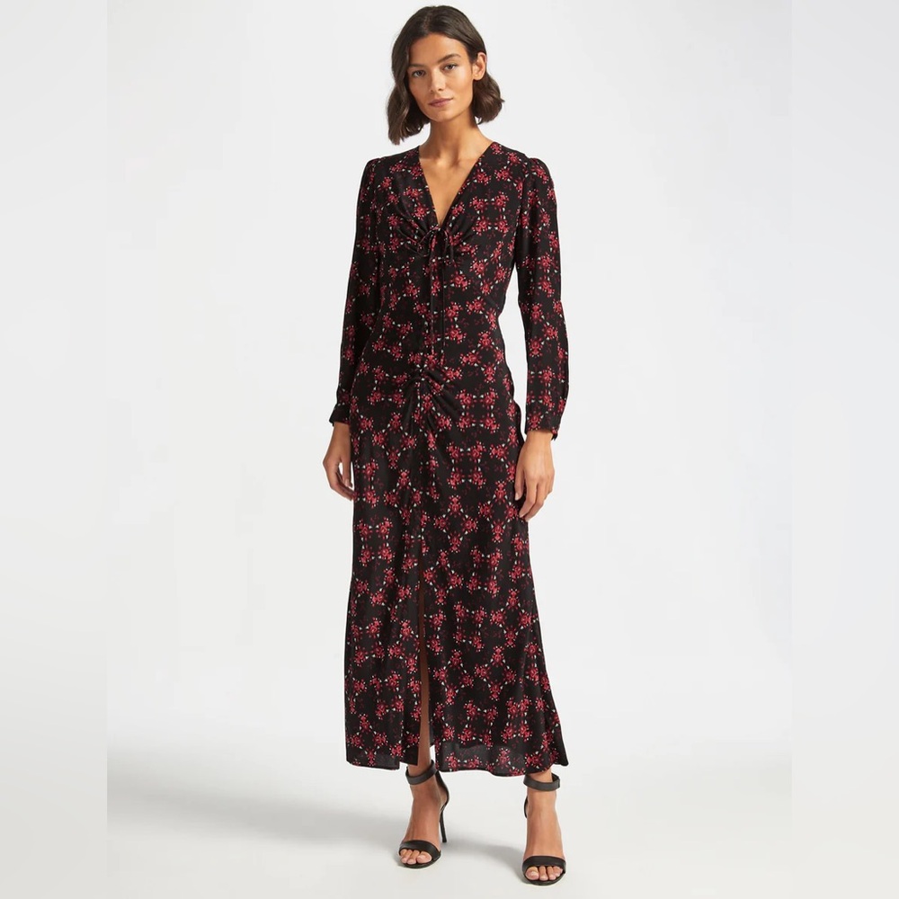 CEFINN Ophelia Bias Cut V-Neck Maxi Dress in Black/Crimson Floral‎ Print Size 2